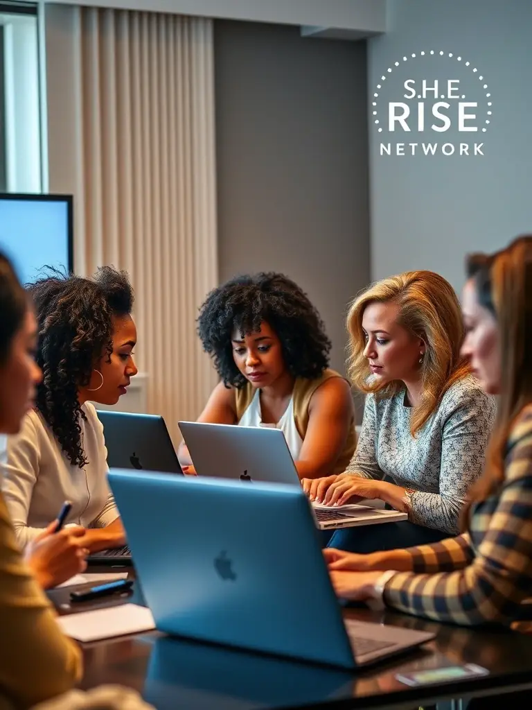 A diverse group of women actively participating in an online webinar, focused on business strategies, with the S.H.E. Rise Network logo subtly displayed in the corner of the screen.