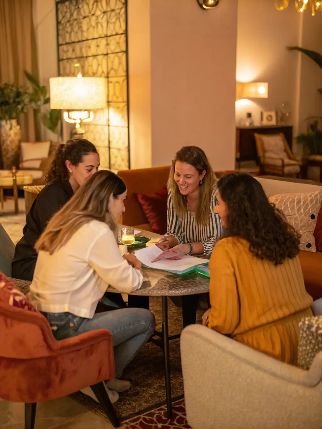 A photograph capturing the essence of a S.H.E. Rise Network retreat, featuring women engaging in a group discussion, sharing insights and experiences in a supportive environment.