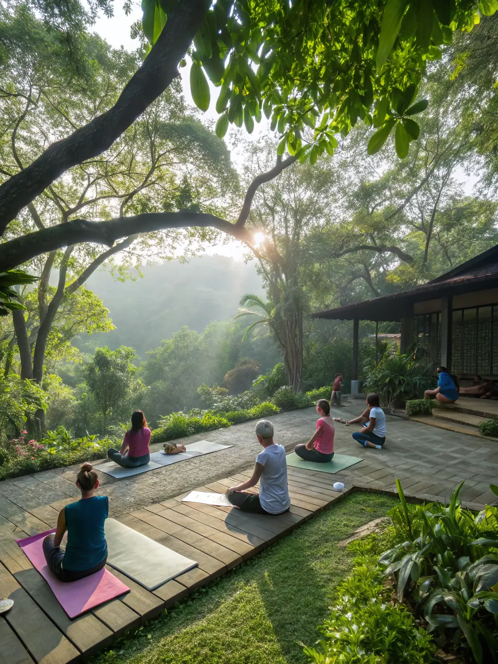 A serene image of women participating in a yoga session during a S.H.E. Rise Network retreat, set against a backdrop of lush greenery and mountains, symbolizing relaxation and personal growth.